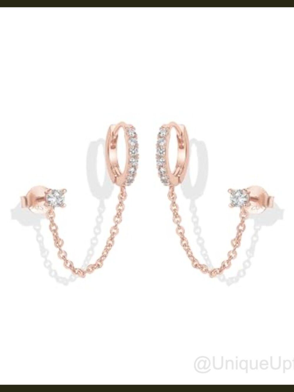 14K Rose Gold Plated Chain Earrings CZ Huggie Hoop Double Piercing
